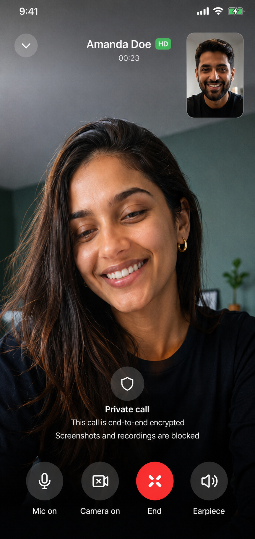 A private, end-to-end encrypted Takkn video call with screenshots blocked