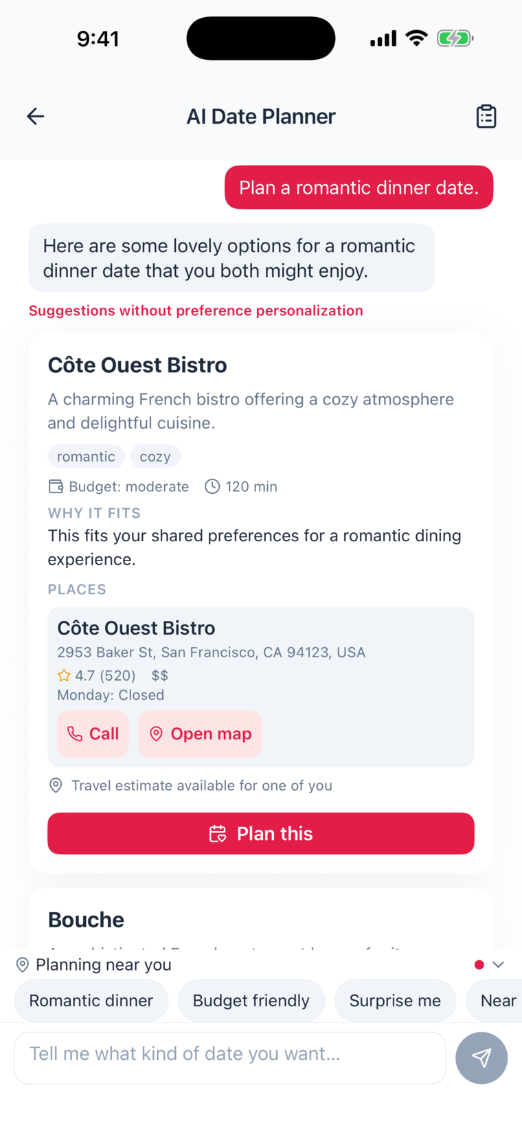 The Takkn AI date planner suggesting a date